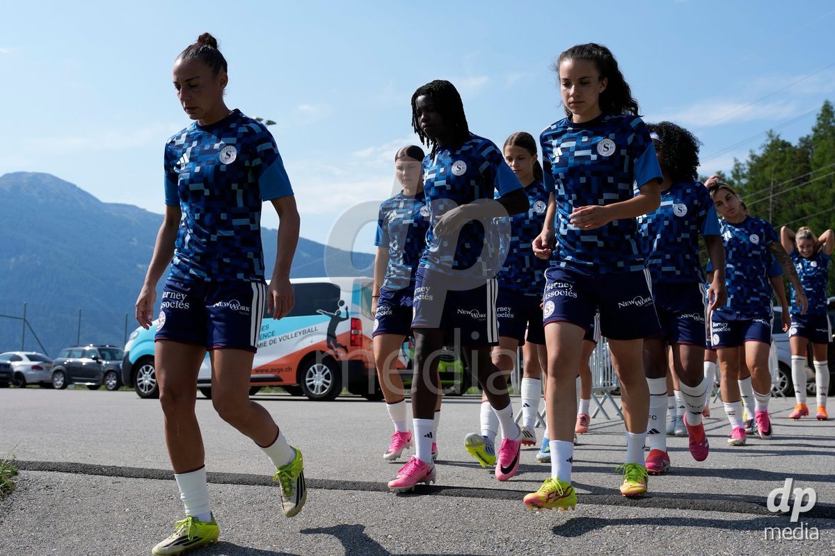 Crans-Montana, Switzerland - July 25: Camila Mingard (37 SFCCF) and Serrano Castano Paula (19 SFCCF) during the AXA Women's Super League match between Servette FC Chenois Feminin and FC Sion Feminin at Stade du Christ-Roi on July 25, 2026 in Crans-Montana, Switzerland.