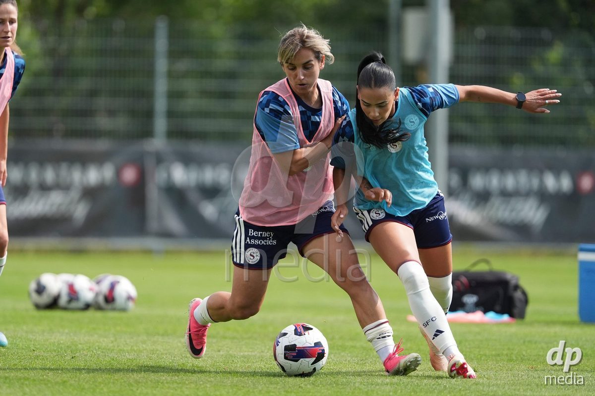 Crans-Montana, Switzerland - July 25: Terchoun Meriame (25 SFCCF) and Andonova Natasha (7 SFCCF) during the AXA Women's Super League match between Servette FC Chenois Feminin and FC Sion Feminin at Stade du Christ-Roi on July 25, 2026 in Crans-Montana, Switzerland.