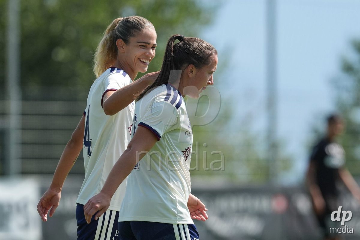 Crans-Montana, Switzerland - July 25: De al m da Eira Stefanie (64 SFCCF) celebrates with Magdalena Izabela Sobal (11 SFCCF) after a goal during the AXA Women's Super League match between Servette FC Chenois Feminin and FC Sion Feminin at Stade du Christ-Roi on July 25, 2026 in Crans-Montana, Switzerland.
