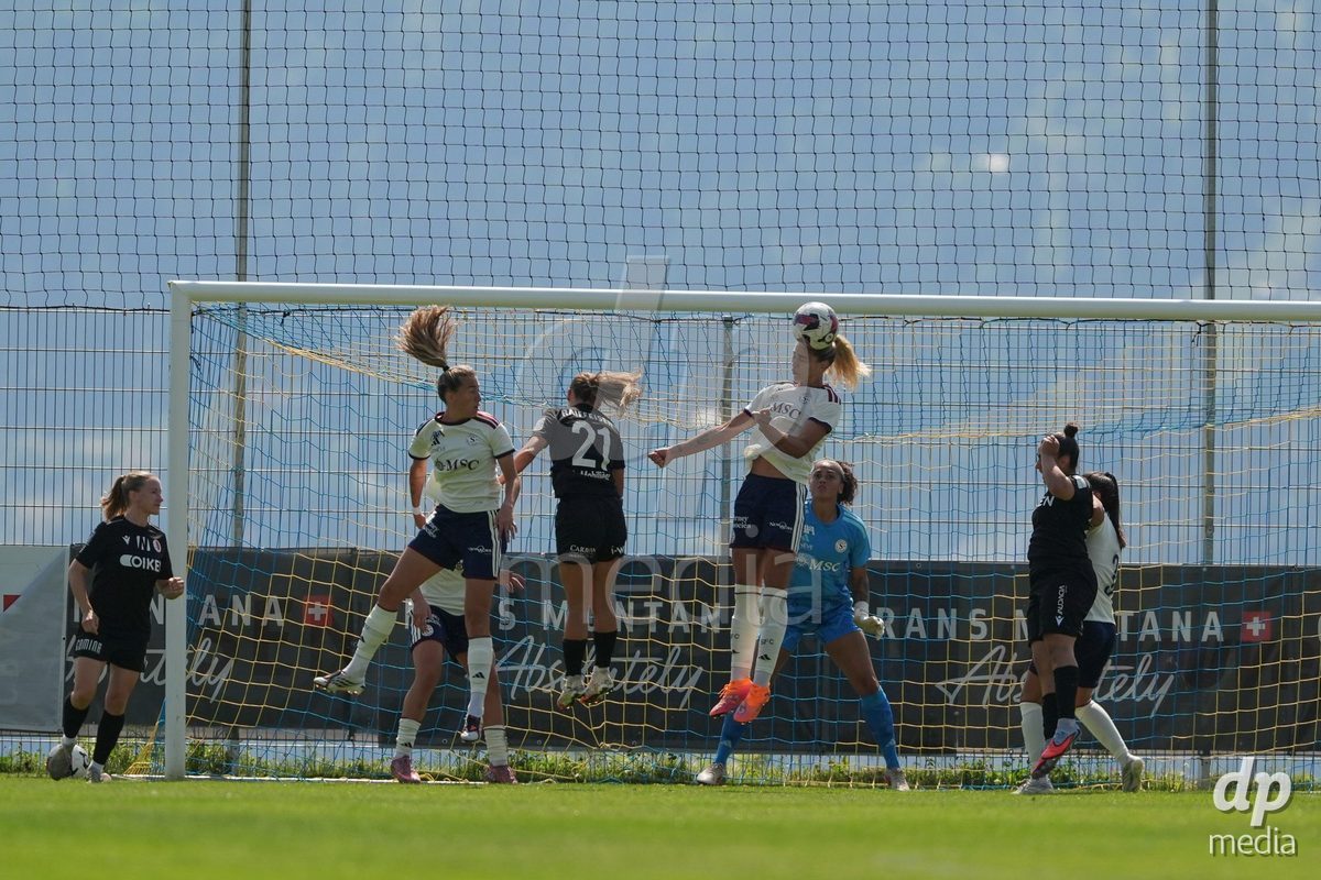 Crans-Montana, Switzerland - July 25: De al m da Eira Stefanie (64 SFCCF) with a headball during the AXA Women's Super League match between Servette FC Chenois Feminin and FC Sion Feminin at Stade du Christ-Roi on July 25, 2026 in Crans-Montana, Switzerland.
