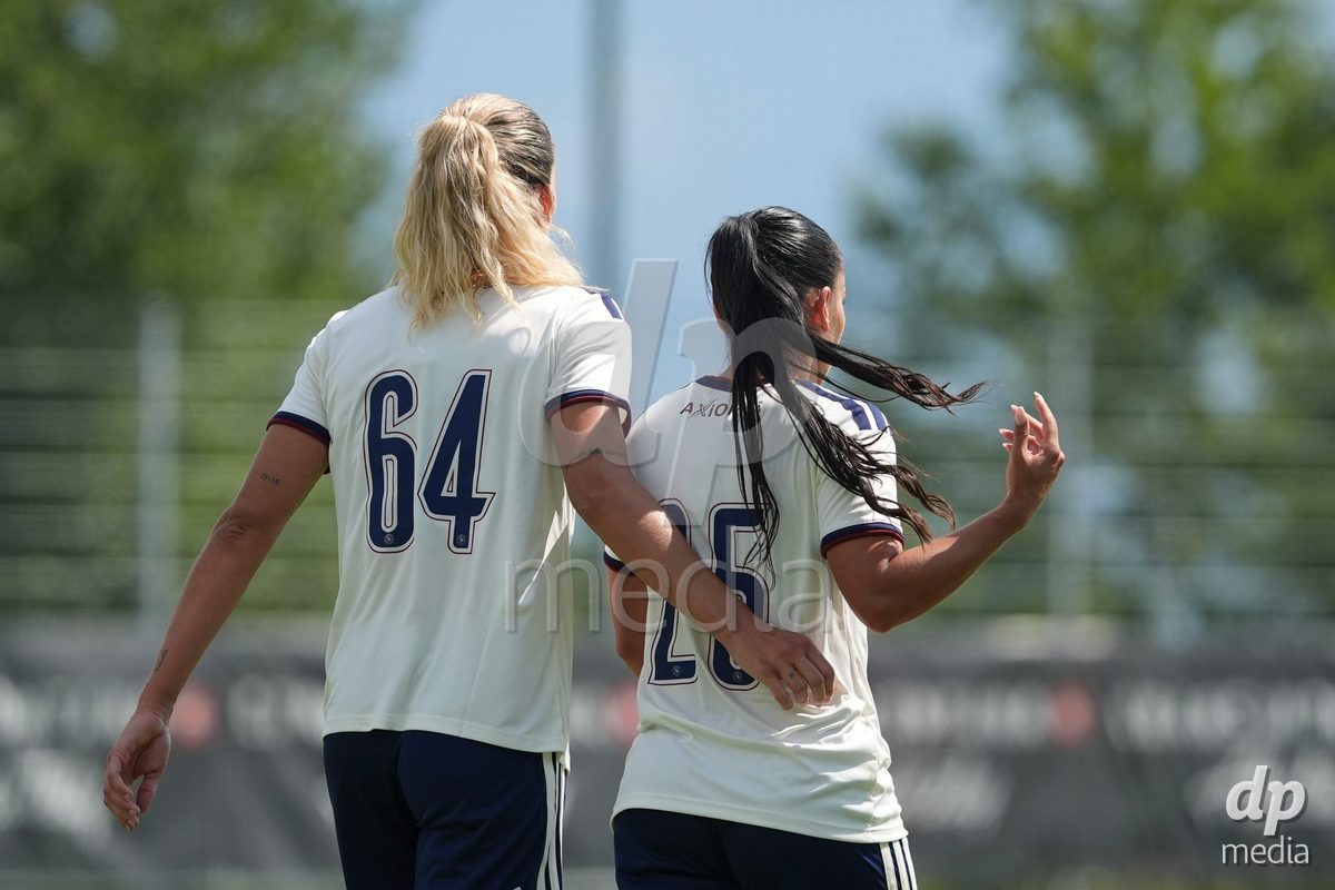 Crans-Montana, Switzerland - July 25: Terchoun Meriame (25 SFCCF) celebrates after her goal with De al m da Eira Stefanie (64 SFCCF) during the AXA Women's Super League match between Servette FC Chenois Feminin and FC Sion Feminin at Stade du Christ-Roi on July 25, 2026 in Crans-Montana, Switzerland.