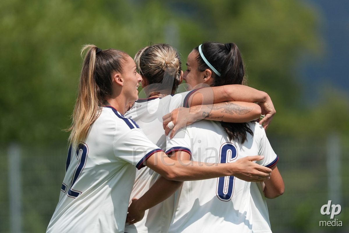 Crans-Montana, Switzerland - July 25: Hernandez Diaz Paola (6 SFCCF) celebrates her goal with Andonova Natasha (7 SFCCF) and Chaney Amanda (22 SFCCF) during the AXA Women's Super League match between Servette FC Chenois Feminin and FC Sion Feminin at Stade du Christ-Roi on July 25, 2026 in Crans-Montana, Switzerland.