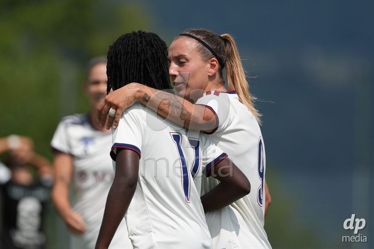 Crans-Montana, Switzerland - July 25: Gloria Marinelli (9 SFCCF) celebrates with Garance Nein (17 SFCCF) her goal during the AXA Women's Super League match between Servette FC Chenois Feminin and FC Sion Feminin at Stade du Christ-Roi on July 25, 2026 in Crans-Montana, Switzerland.