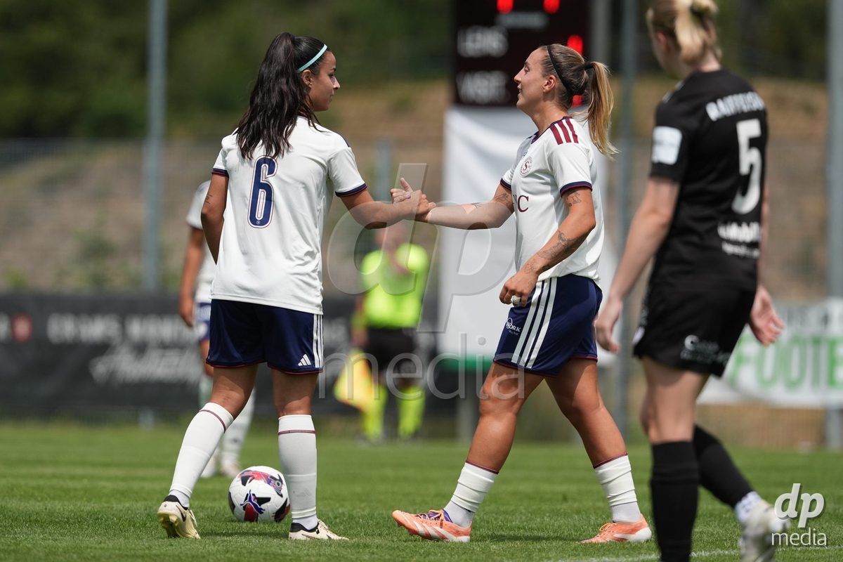 Crans-Montana, Switzerland - July 25: Gloria Marinelli (9 SFCCF) celebrates the goal of Hernandez Diaz Paola (6 SFCCF) with her during the AXA Women's Super League match between Servette FC Chenois Feminin and FC Sion Feminin at Stade du Christ-Roi on July 25, 2026 in Crans-Montana, Switzerland.