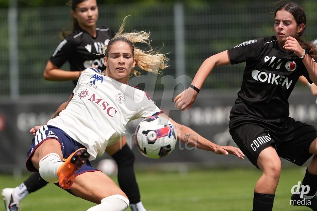 Crans-Montana, Switzerland - July 25: De al m da Eira Stefanie (64 SFCCF) with a goal during the AXA Women's Super League match between Servette FC Chenois Feminin and FC Sion Feminin at Stade du Christ-Roi on July 25, 2026 in Crans-Montana, Switzerland.