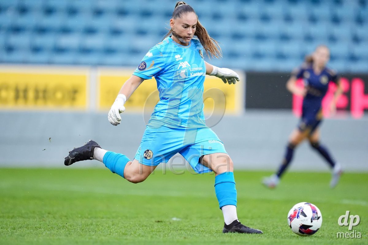 Luzern, Switzerland - August 28: Lea Kramoviku of FC Luzern shoots the ball during the AXA Women's Super League match between FC Luzern and FC St. Gallen 1879 at thermoplan arena on August 28, 2026 in Luzern, Switzerland.