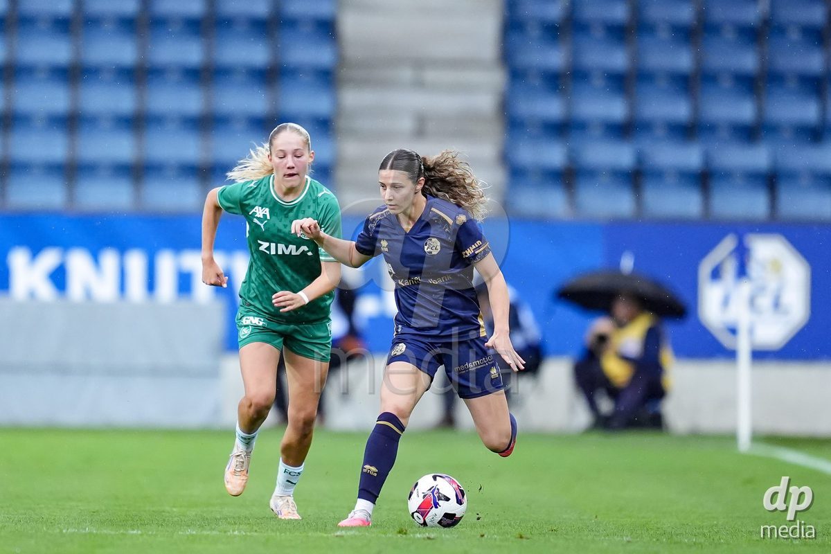 Luzern, Switzerland - August 28: Lia Ammann of FC St. Gallen and Ramona Schallberger of FC Luzern battle for the ball (duel) during the AXA Women's Super League match between FC Luzern and FC St. Gallen 1879 at thermoplan arena on August 28, 2026 in Luzern, Switzerland.