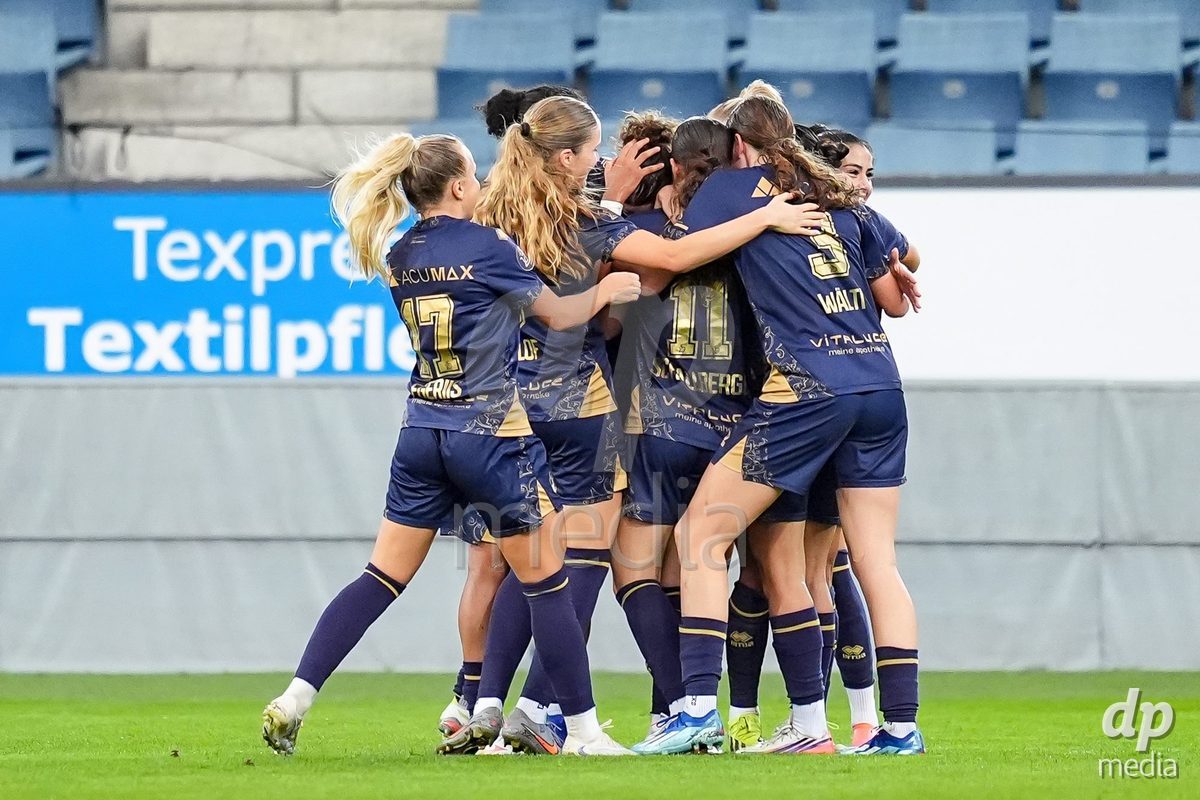 Luzern, Switzerland - August 28: Alyssa Keller of FC Luzern (C)celebrates with teammates scoring the first team goal during the AXA Women's Super League match between FC Luzern and FC St. Gallen 1879 at thermoplan arena on August 28, 2026 in Luzern, Switzerland.