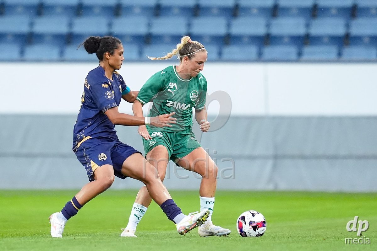 Luzern, Switzerland - August 28: Aldiana Amuchie of FC Luzern (L) and Michelle Gigante of FC Luzern (R) battle for the ball (duel) during the AXA Women's Super League match between FC Luzern and FC St. Gallen 1879 at thermoplan arena on August 28, 2026 in Luzern, Switzerland.