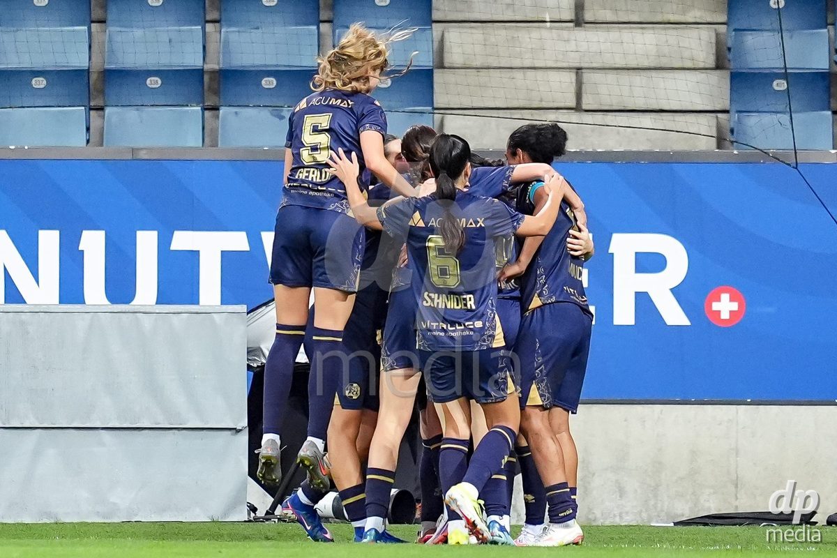 Luzern, Switzerland - August 28: Ramona Schallberger of FC Luzern celebrates with teammates after scoring her teams second goal during the AXA Women's Super League match between FC Luzern and FC St. Gallen 1879 at thermoplan arena on August 28, 2026 in Luzern, Switzerland.