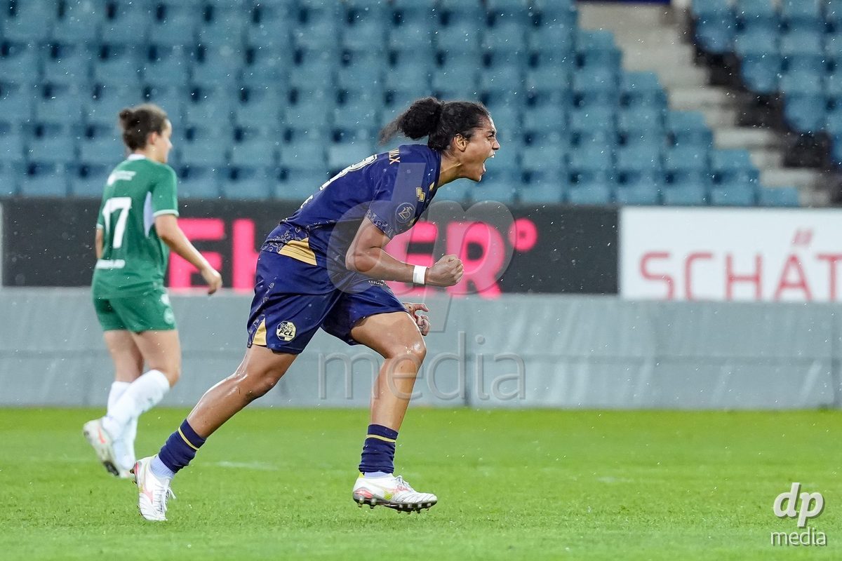 Luzern, Switzerland - August 28: Aldiana Amuchie of FC Luzern celebrates after scoring her teams third goal during the AXA Women's Super League match between FC Luzern and FC St. Gallen 1879 at thermoplan arena on August 28, 2026 in Luzern, Switzerland.