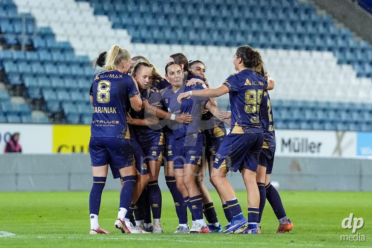 Luzern, Switzerland - August 28: Aldiana Amuchie of FC Luzern celebrates with teammates after scoring her teams third goal during the AXA Women's Super League match between FC Luzern and FC St. Gallen 1879 at thermoplan arena on August 28, 2026 in Luzern, Switzerland.