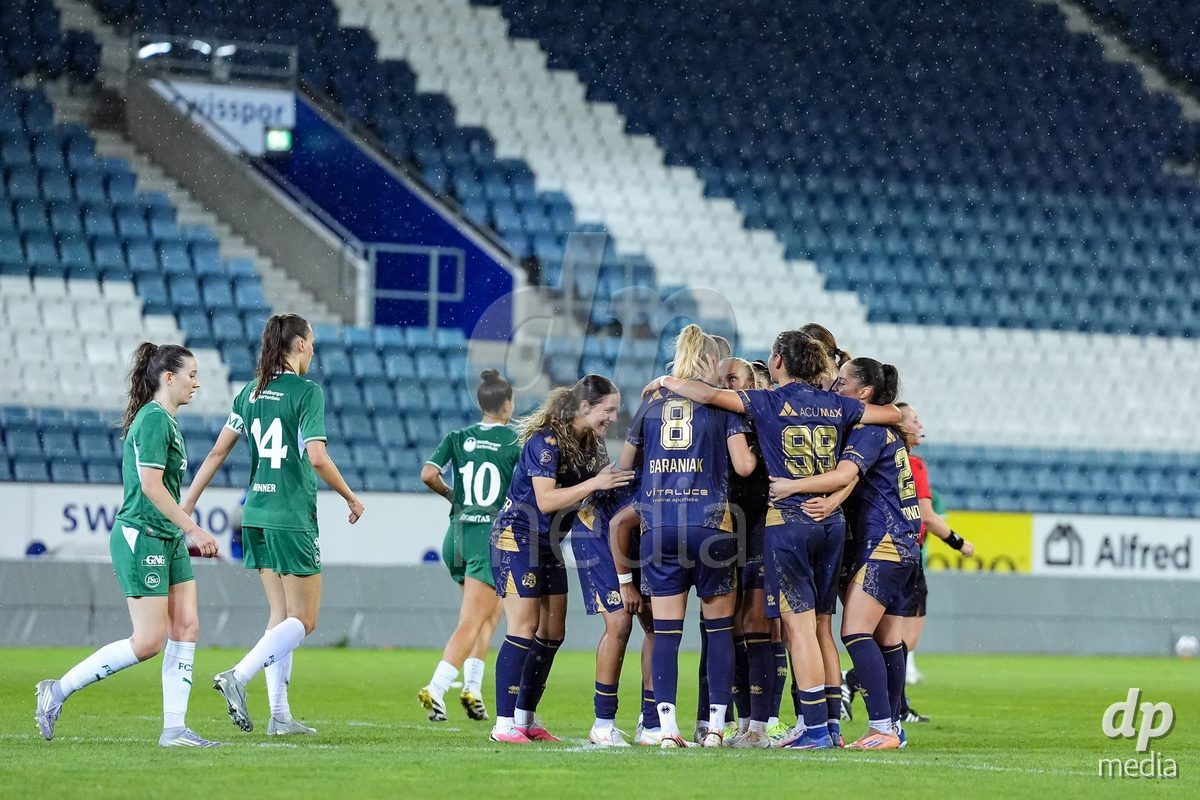 Luzern, Switzerland - August 28: Aldiana Amuchie of FC Luzern celebrates with teammates after scoring her teams third goal during the AXA Women's Super League match between FC Luzern and FC St. Gallen 1879 at thermoplan arena on August 28, 2026 in Luzern, Switzerland.