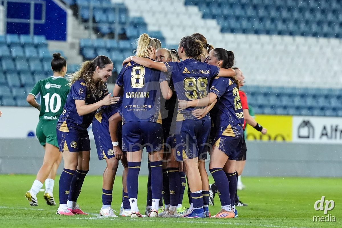 Luzern, Switzerland - August 28: Aldiana Amuchie of FC Luzern celebrates with teammates after scoring her teams third goal during the AXA Women's Super League match between FC Luzern and FC St. Gallen 1879 at thermoplan arena on August 28, 2026 in Luzern, Switzerland.