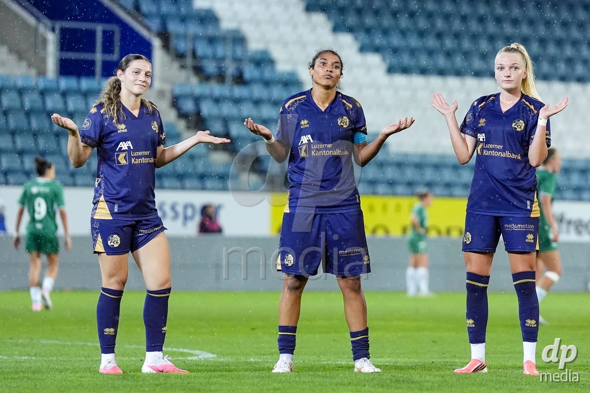 Luzern, Switzerland - August 28: Aldiana Amuchie of FC Luzern celebrates with teammates after scoring her teams third goal during the AXA Women's Super League match between FC Luzern and FC St. Gallen 1879 at thermoplan arena on August 28, 2026 in Luzern, Switzerland.
