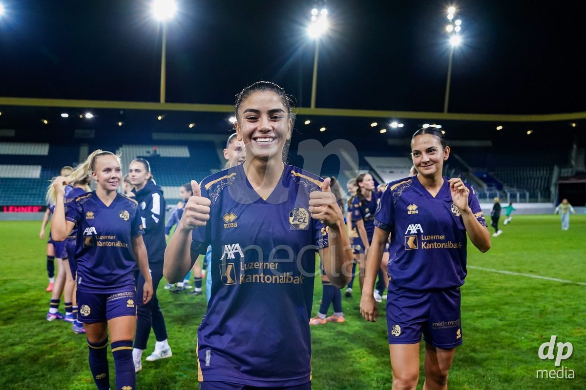 Luzern, Switzerland - August 28: Michele Schnider of FC Luzern celebrates the victory during the AXA Women's Super League match between FC Luzern and FC St. Gallen 1879 at thermoplan arena on August 28, 2026 in Luzern, Switzerland.