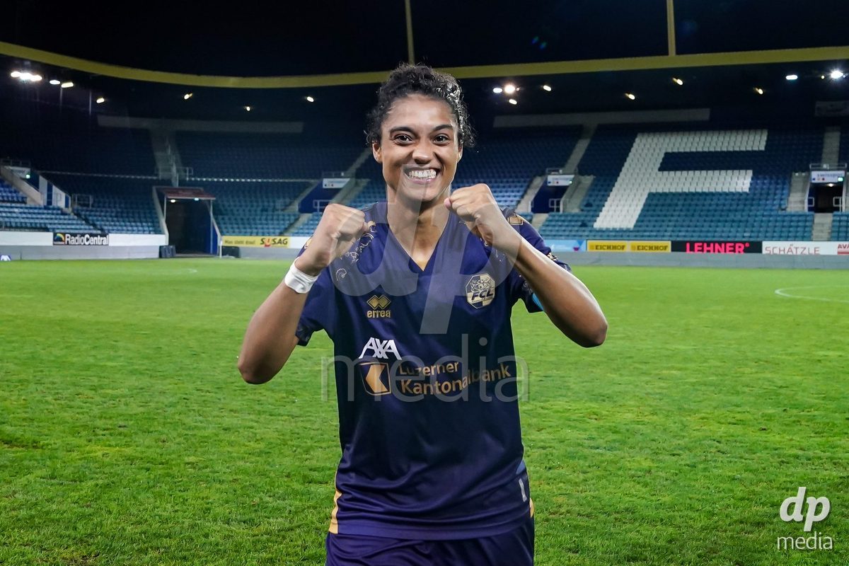 Luzern, Switzerland - August 28: Aldiana Amuchie of FC Luzern celebrates the victory during the AXA Women's Super League match between FC Luzern and FC St. Gallen 1879 at thermoplan arena on August 28, 2026 in Luzern, Switzerland.