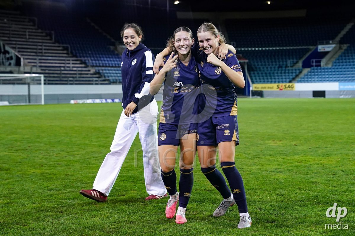 Luzern, Switzerland - August 28: Ramona Schallberger of FC Luzern and Valentina Gerlof of FC Luzern celebrate the victory during the AXA Women's Super League match between FC Luzern and FC St. Gallen 1879 at thermoplan arena on August 28, 2026 in Luzern, Switzerland.