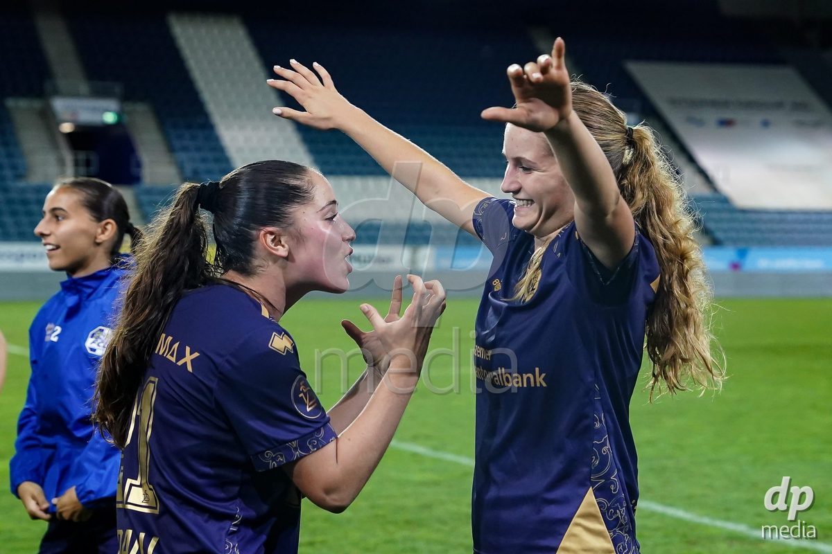Luzern, Switzerland - August 28: Melissa Rondalli of FC Luzern and Valentina Gerlof of FC Luzern celebrate the victory during the AXA Women's Super League match between FC Luzern and FC St. Gallen 1879 at thermoplan arena on August 28, 2026 in Luzern, Switzerland.