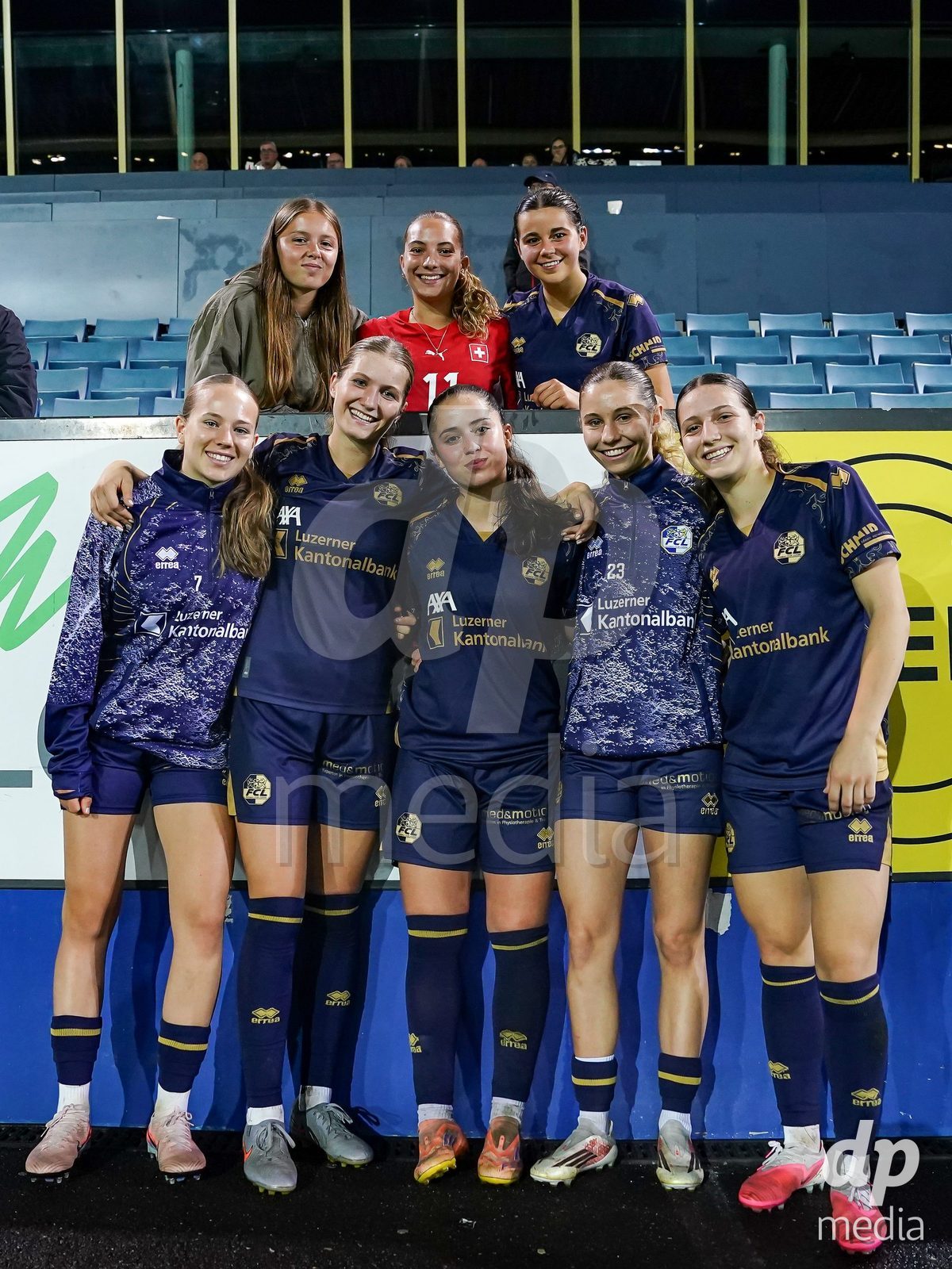 Luzern, Switzerland - August 28: Players of FC Luzern pose for a photo celebrating the victory during the AXA Women's Super League match between FC Luzern and FC St. Gallen 1879 at thermoplan arena on August 28, 2026 in Luzern, Switzerland.