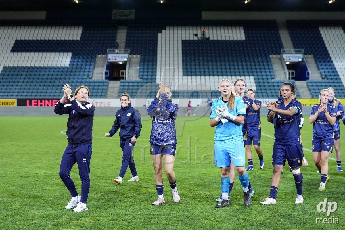 Luzern, Switzerland - August 28: Players of FC Luzern celebrate the victory during the AXA Women's Super League match between FC Luzern and FC St. Gallen 1879 at thermoplan arena on August 28, 2026 in Luzern, Switzerland.