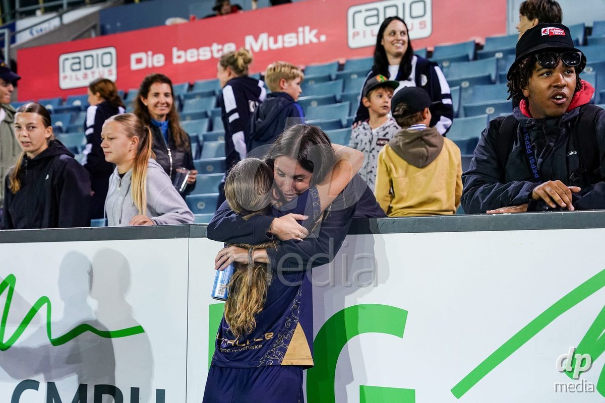 Luzern, Switzerland - August 28: Valentina Gerlof of FC Luzern celebrates the victory with a fan after the AXA Women's Super League match between FC Luzern and FC St. Gallen 1879 at thermoplan arena on August 28, 2026 in Luzern, Switzerland.