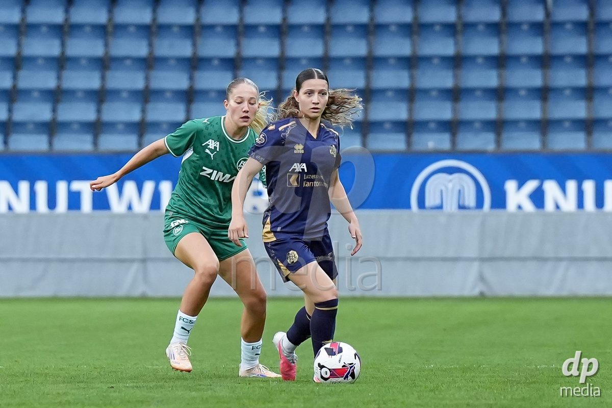 Luzern, Switzerland - August 28: Ramona Schallberger of FC Luzern (R) controls the ball during the AXA Women's Super League match between FC Luzern and FC St. Gallen 1879 at thermoplan arena on August 28, 2026 in Luzern, Switzerland.