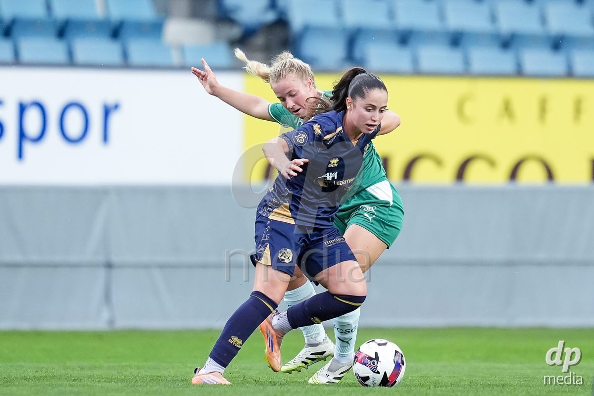 Luzern, Switzerland - August 28: Tabea Griss of FC St. Gallen (R) and Melissa Rondalli of FC Luzern (L) battle for the ball (duel) during the AXA Women's Super League match between FC Luzern and FC St. Gallen 1879 at thermoplan arena on August 28, 2026 in Luzern, Switzerland.