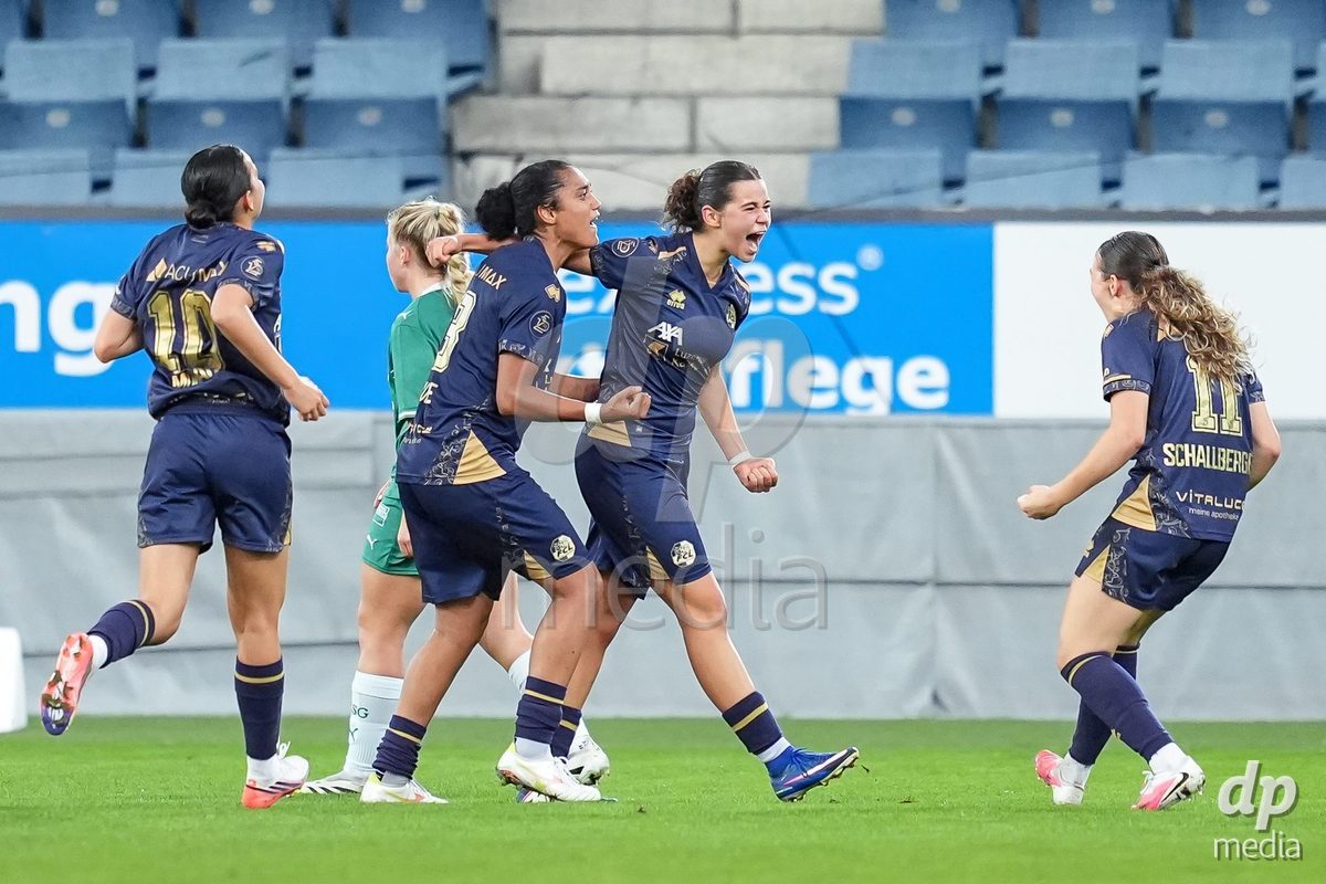 Luzern, Switzerland - August 28: Alyssa Keller of FC Luzern (C)celebrates with teammates scoring the first team goal during the AXA Women's Super League match between FC Luzern and FC St. Gallen 1879 at thermoplan arena on August 28, 2026 in Luzern, Switzerland.