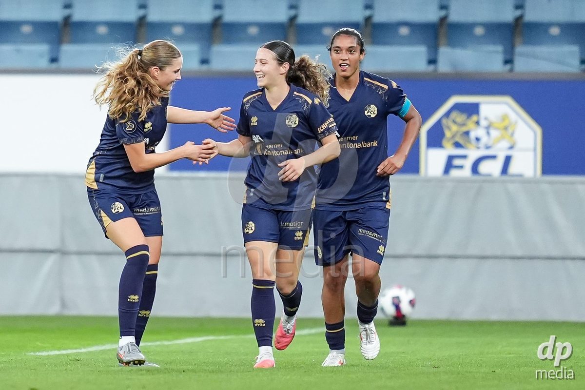 Luzern, Switzerland - August 28: Ramona Schallberger of FC Luzern celebrates with teammates after scoring her teams second goal during the AXA Women's Super League match between FC Luzern and FC St. Gallen 1879 at thermoplan arena on August 28, 2026 in Luzern, Switzerland.