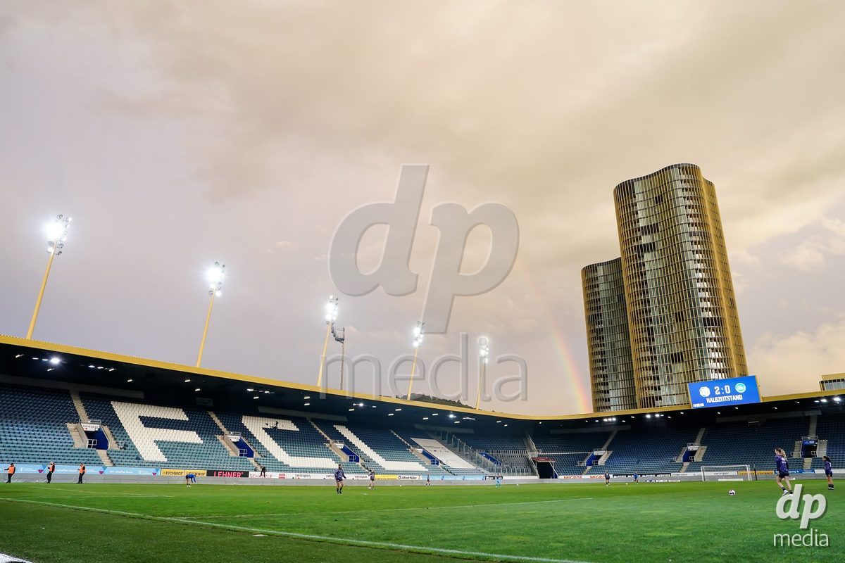 Luzern, Switzerland - August 28: General view inside the stadium with a rainbow in the sky shown during the AXA Women's Super League match between FC Luzern and FC St. Gallen 1879 at thermoplan arena on August 28, 2026 in Luzern, Switzerland.