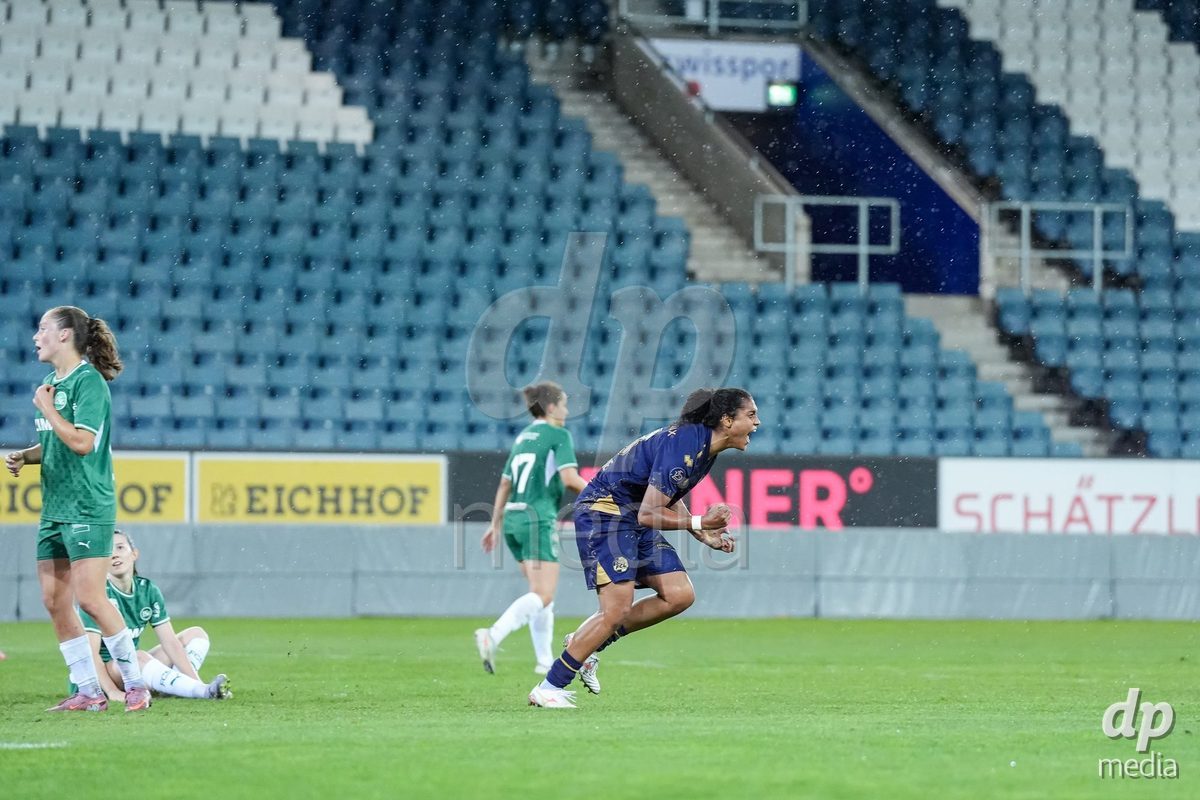 Luzern, Switzerland - August 28: Aldiana Amuchie of FC Luzern celebrates after scoring her teams third goal during the AXA Women's Super League match between FC Luzern and FC St. Gallen 1879 at thermoplan arena on August 28, 2026 in Luzern, Switzerland.