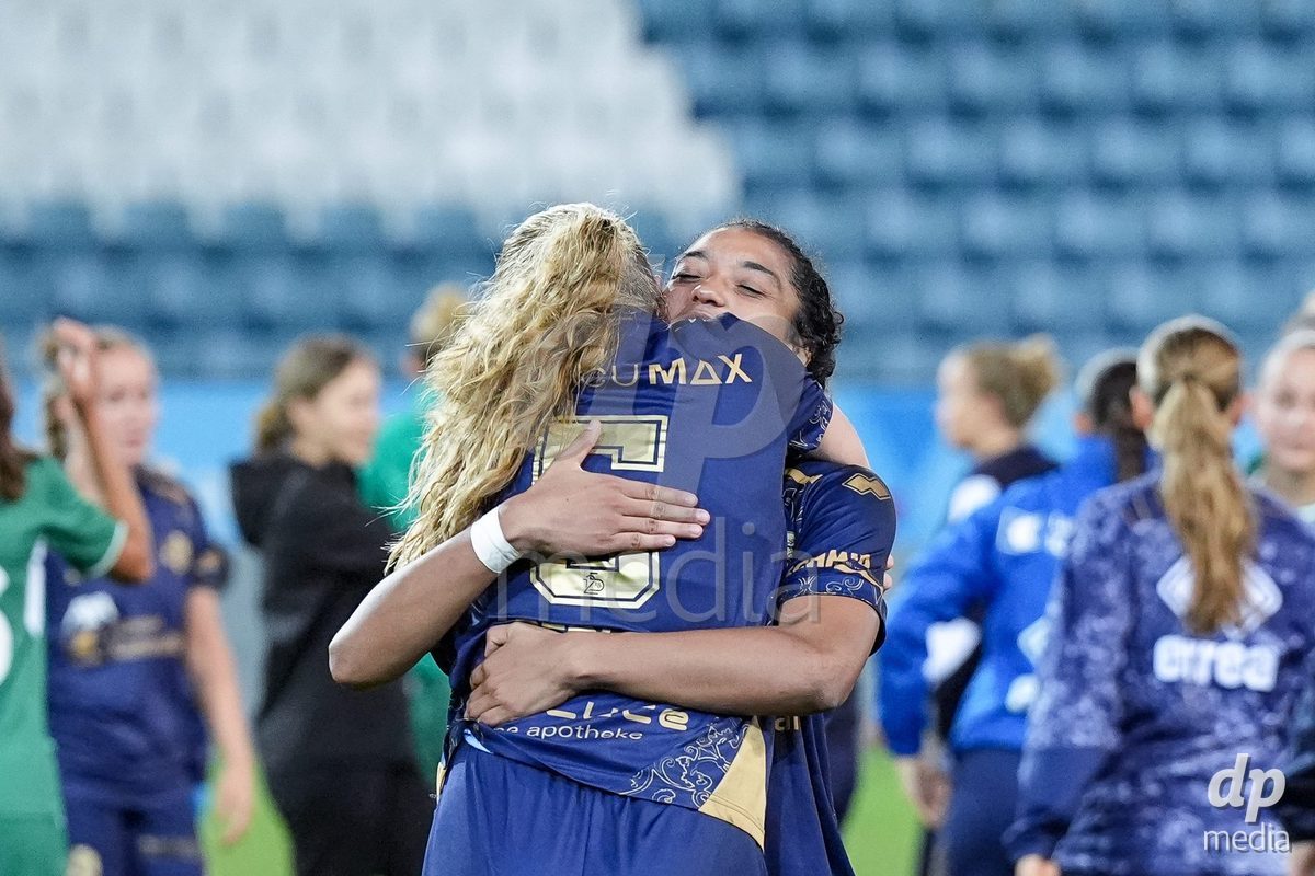 Luzern, Switzerland - August 28: Valentina Gerlof of FC Luzern and Aldiana Amuchie of FC Luzern celebrate the victory during the AXA Women's Super League match between FC Luzern and FC St. Gallen 1879 at thermoplan arena on August 28, 2026 in Luzern, Switzerland.