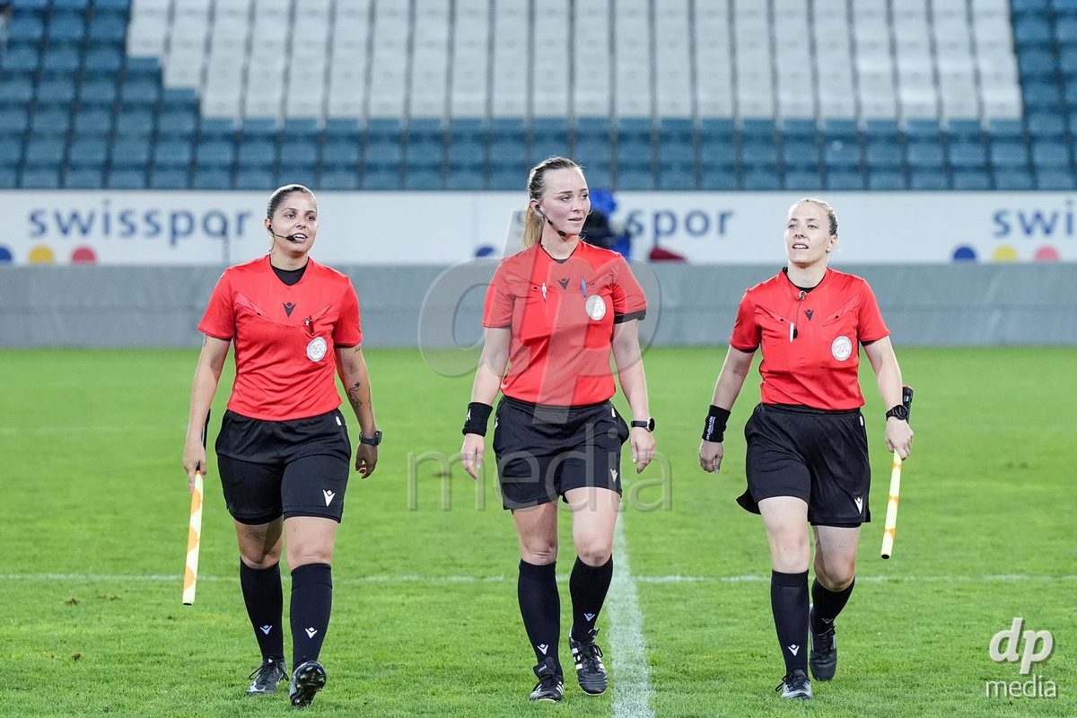 Luzern, Switzerland - August 28: Referees Bianco Claro, Vanessa Muhlheim and Jeanine Okle during the AXA Women's Super League match between FC Luzern and FC St. Gallen 1879 at thermoplan arena on August 28, 2026 in Luzern, Switzerland.