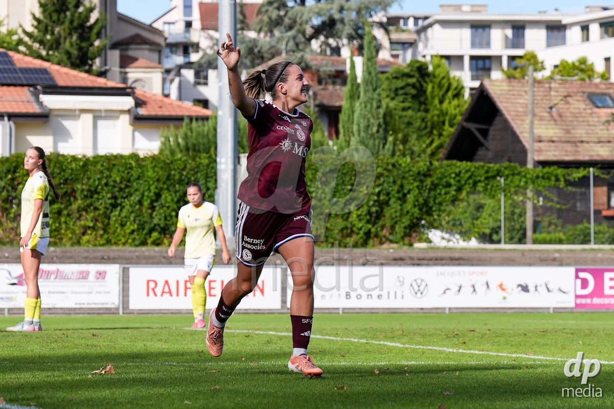 Geneva, Switzerland - August 29: Gloria Marinelli of Servette celebrates after scoring her teams first goal during the AXA Women's Super League match between Servette FC Chenois Feminin and FC Basel 1893 at Stade de Trois-Chene on August 29, 2026 in Geneva, Switzerland.