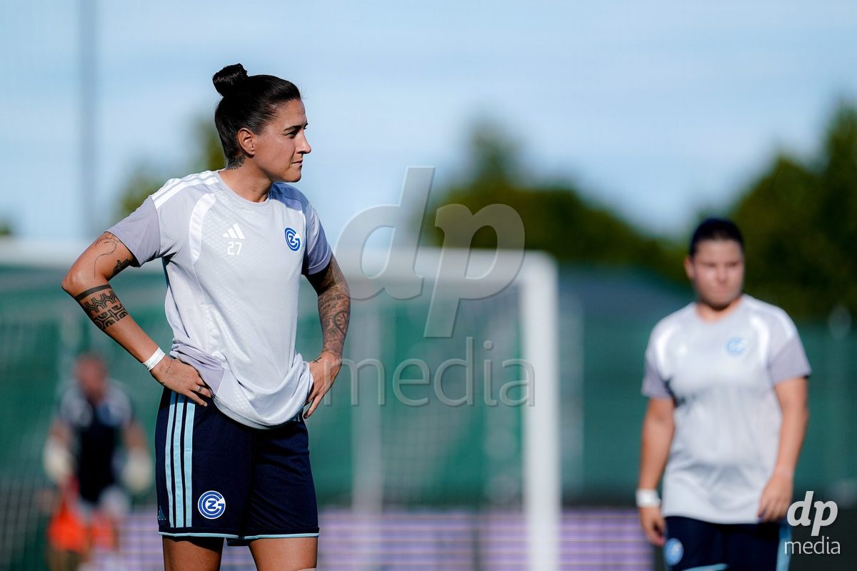 Yverdon-les-Bains, Switzerland - August 29: Players of GC Frauenfussball warming up during the AXA Women's Super League match between FC Yverdon Women and GC Frauenfussball at Stade Municipal on August 29, 2026 in Yverdon-les-Bains, Switzerland.