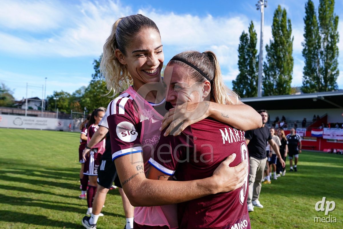Geneva, Switzerland - August 29: Gloria Marinelli of Servette and Stefanie De Alem da Eira of Servette celebrate the victory during the AXA Women's Super League match between Servette FC Chenois Feminin and FC Basel 1893 at Stade de Trois-Chene on August 29, 2026 in Geneva, Switzerland.