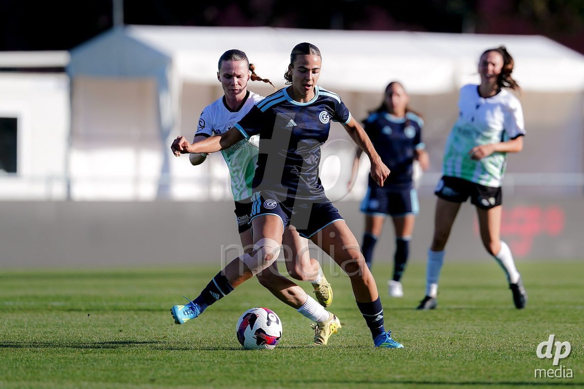 Yverdon-les-Bains, Switzerland - August 29: Michelle Sager of FC Yverdon Women (L) and Emma Egli of GC Frauenfussball (R) battle for the ball during the AXA Women's Super League match between FC Yverdon Women and GC Frauenfussball at Stade Municipal on August 29, 2026 in Yverdon-les-Bains, Switzerland.