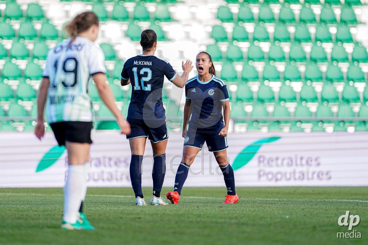 Yverdon-les-Bains, Switzerland - August 29: Kayla Mckenna of GC Frauenfussball (L) celebrating with team after scoring teams second goal during the AXA Women's Super League match between FC Yverdon Women and GC Frauenfussball at Stade Municipal on August 29, 2026 in Yverdon-les-Bains, Switzerland.