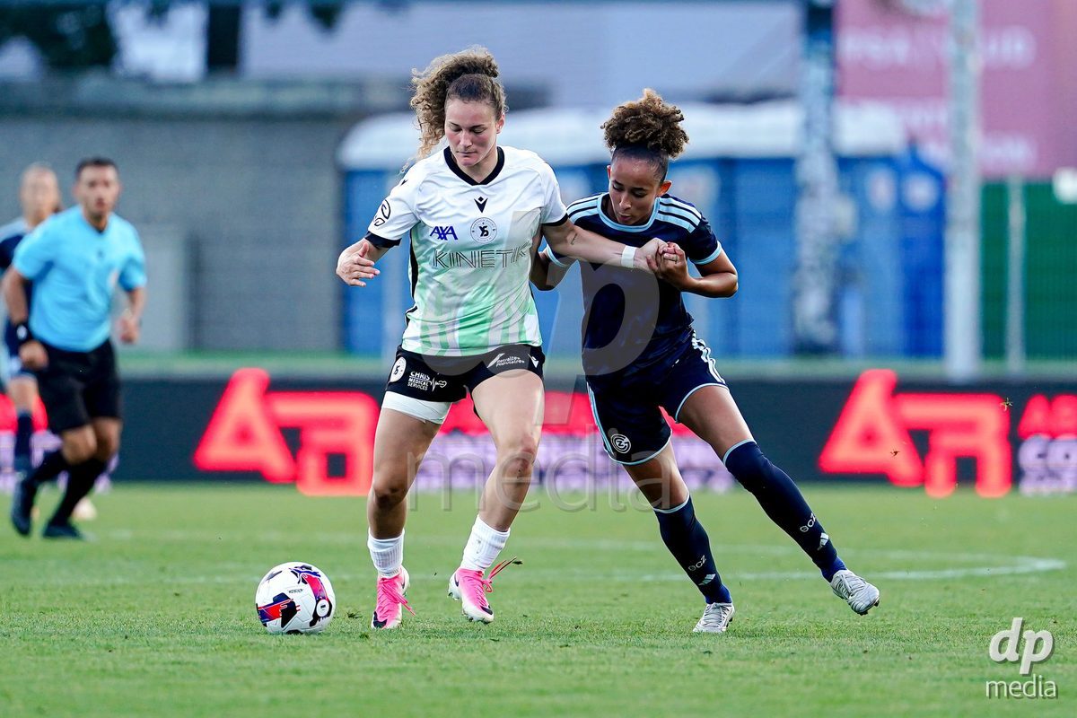 Yverdon-les-Bains, Switzerland - August 29: Zia Girardin of Yverdon Sport Women (L) and Soraya Bandia of GC Frauenfussball (R) battle for the ball during the AXA Women's Super League match between FC Yverdon Women and GC Frauenfussball at Stade Municipal on August 29, 2026 in Yverdon-les-Bains, Switzerland.