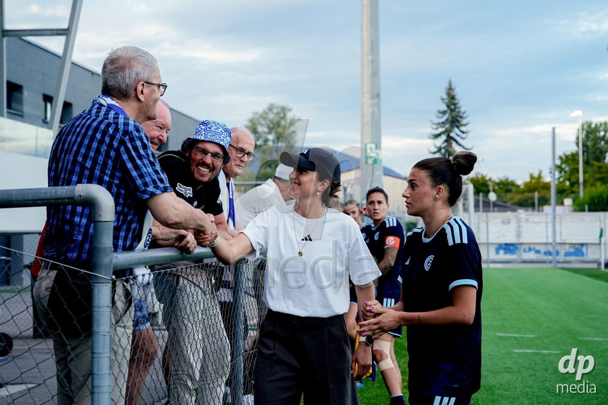 Yverdon-les-Bains, Switzerland - August 29: Laura Vetterlein, Head Coach of GC Frauenfussball with fans after winning the AXA Women's Super League match between FC Yverdon Women and GC Frauenfussball at Stade Municipal on August 29, 2026 in Yverdon-les-Bains, Switzerland.