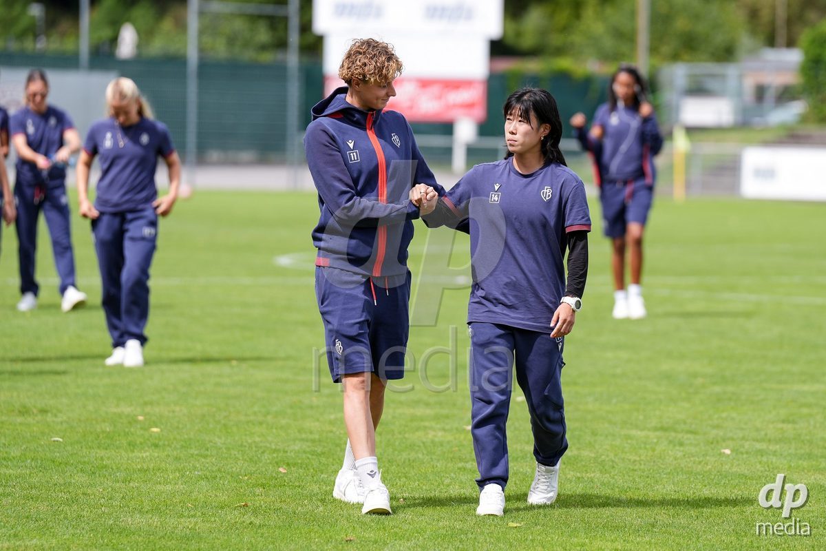 Geneva, Switzerland - August 29: :Andrea Jaggi of FC Basel and Mai Hirata of FC Basel arrive prior to during the AXA Women's Super League match between Servette FC Chenois Feminin and FC Basel 1893 at Stade de Trois-Chene on August 29, 2026 in Geneva, Switzerland.