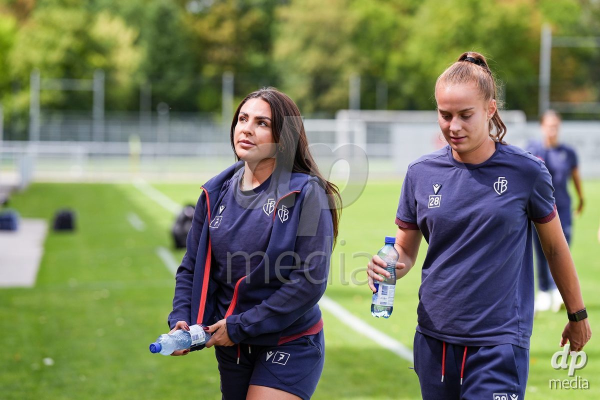 Geneva, Switzerland - August 29: Tyara Buser of FC Basel and Elea Hagmann of FC Basel arrive during the AXA Women's Super League match between Servette FC Chenois Feminin and FC Basel 1893 at Stade de Trois-Chene on August 29, 2026 in Geneva, Switzerland.