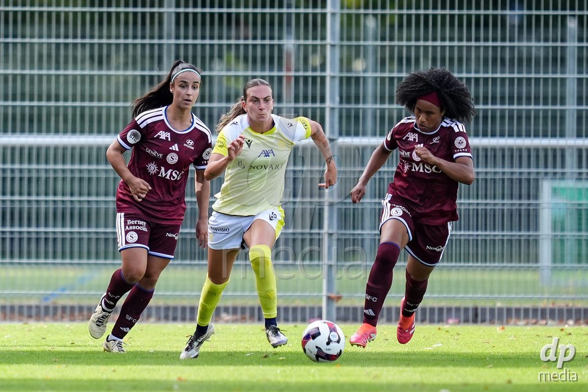 Geneva, Switzerland - August 29: Paola Hernandez Diaz of Servette (L) and Mickaella Francoise Halooa Cardia of Servette FC Chenois Feminin (R) battle against Alice Ilaria Berti of FC Basel during the AXA Women's Super League match between Servette FC Chenois Feminin and FC Basel 1893 at Stade de Trois-Chene on August 29, 2026 in Geneva, Switzerland.