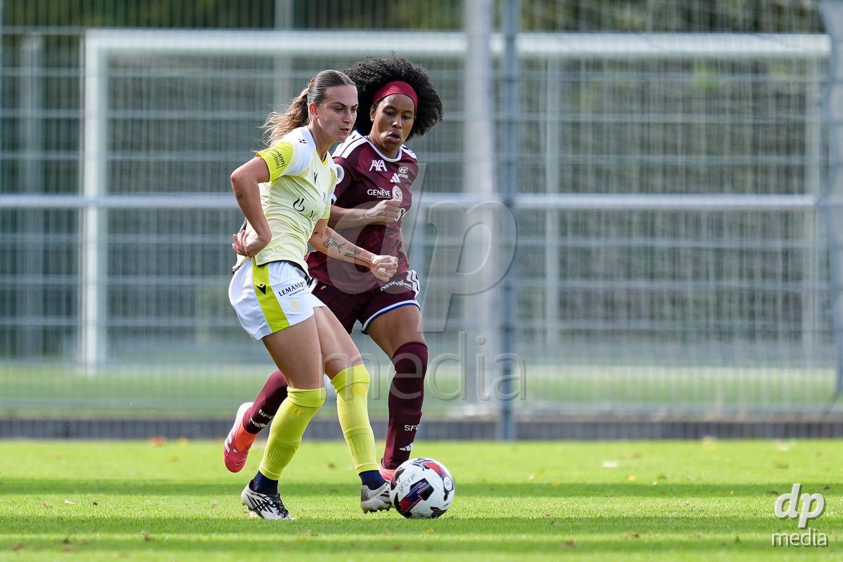 Geneva, Switzerland - August 29: Mickaella Francoise Halooa Cardia of Servette FC Chenois Feminin (R) battle against Alice Ilaria Berti of FC Basel (L) during the AXA Women's Super League match between Servette FC Chenois Feminin and FC Basel 1893 at Stade de Trois-Chene on August 29, 2026 in Geneva, Switzerland.