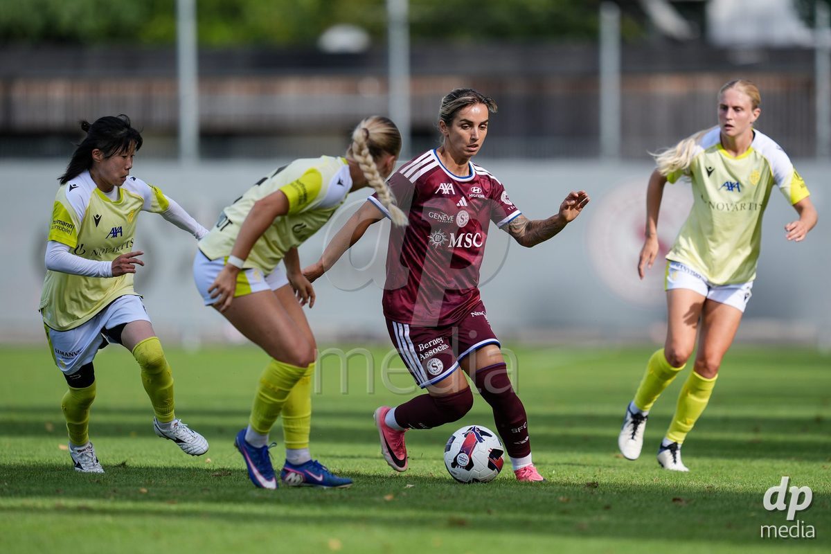 Geneva, Switzerland - August 29: Natasha Andonova of Servette FC Chenois Feminin (C) controls the ball during the AXA Women's Super League match between Servette FC Chenois Feminin and FC Basel 1893 at Stade de Trois-Chene on August 29, 2026 in Geneva, Switzerland.