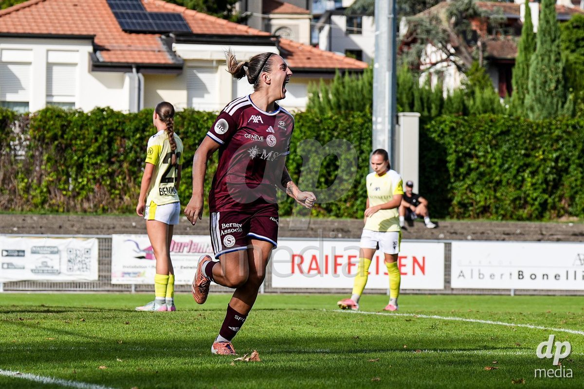 Geneva, Switzerland - August 29: Gloria Marinelli of Servette celebrates after scoring her teams first goal during the AXA Women's Super League match between Servette FC Chenois Feminin and FC Basel 1893 at Stade de Trois-Chene on August 29, 2026 in Geneva, Switzerland.