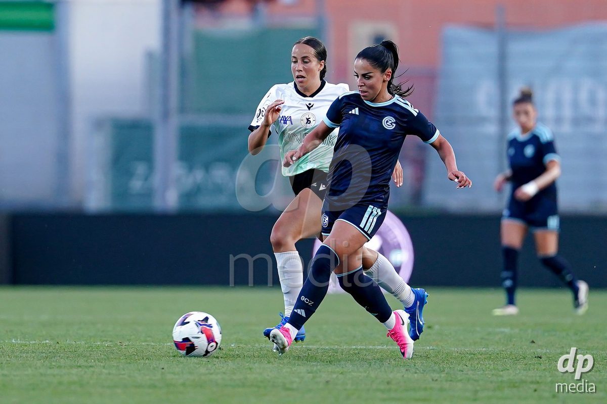 Yverdon-les-Bains, Switzerland - August 29: Qendresa Krasniqi of GC Frauenfussball (R) battle for the ball during the AXA Women's Super League match between FC Yverdon Women and GC Frauenfussball at Stade Municipal on August 29, 2026 in Yverdon-les-Bains, Switzerland.