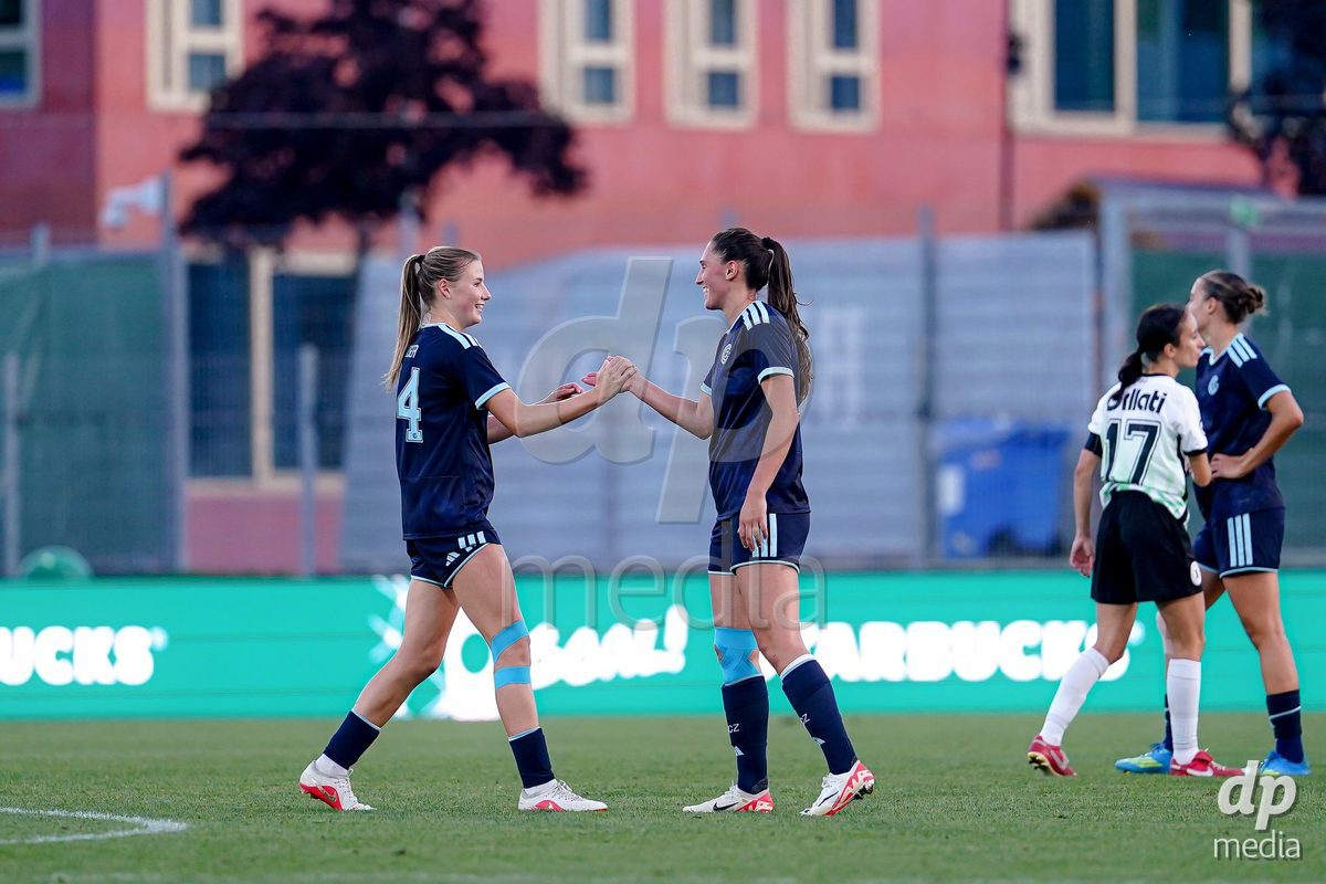 Yverdon-les-Bains, Switzerland - August 29: Giulia Looser of GC Frauenfussball (L) and Yllka Kadriu of GC Frauenfussball (R) after winning the AXA Women's Super League match between FC Yverdon Women and GC Frauenfussball at Stade Municipal on August 29, 2026 in Yverdon-les-Bains, Switzerland.