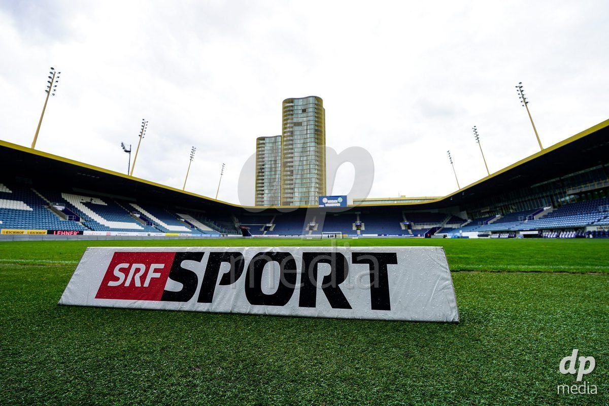 Luzern, Switzerland - August 28: SRF Sport logo shown on a board inside the stadium prior to the AXA Women's Super League match between FC Luzern and FC St. Gallen 1879 at thermoplan arena on August 28, 2026 in Luzern, Switzerland.